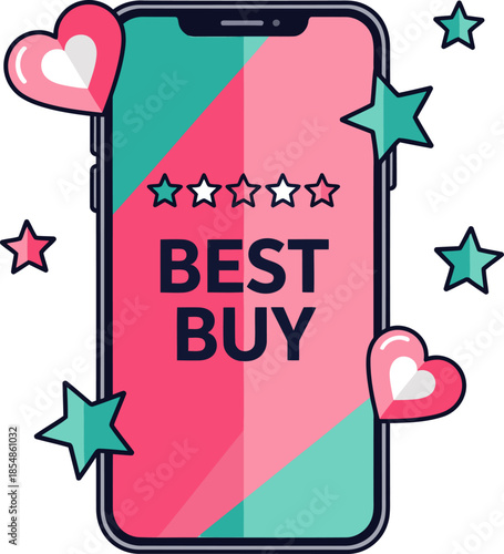 A vibrant smartphone displays 'BEST BUY' with hearts and stars. Bold pink and teal colors create a playful, modern design. Perfect for e-commerce and digital marketing.