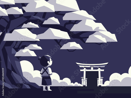 A young warrior stands before a traditional Japanese torii gate, framed by stylized clouds. Rooted in culture, this minimalist illustration evokes serenity and heritage.