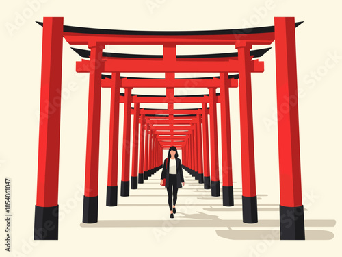 A woman walks through a tunnel of red Japanese torii gates, symbolizing progress and a bright future. Modern, minimalist, and visually striking.