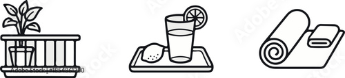 Healthy Lifestyle and Wellness Line Art Icon Set. Yoga Mat, Lemon Water, and Potted Plant.