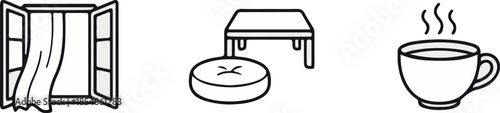 Cozy Home Interior and Tea Time Line Art Icons. Open Window, Low Table, and Hot Cup Symbols.