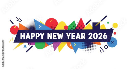 A vibrant and colorful new year 2026 celebration graphic with abstract shapes and confetti