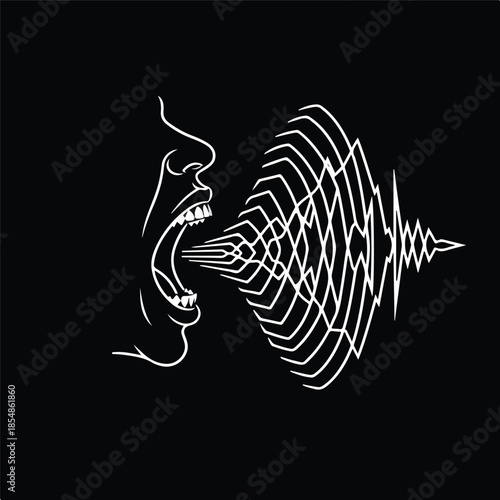 Stylized Illustration of a Screaming Mouth with Sound Waves.