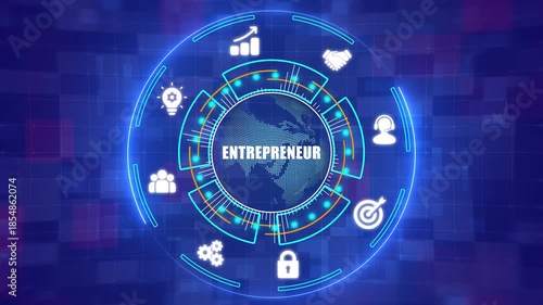 Modern Entrepreneur and Startup Innovation Concept with Futuristic Digital HUD Networking - 4K
