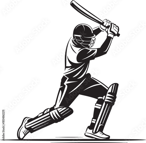 A cricket batsman in action preparing to hit the ball powerfully