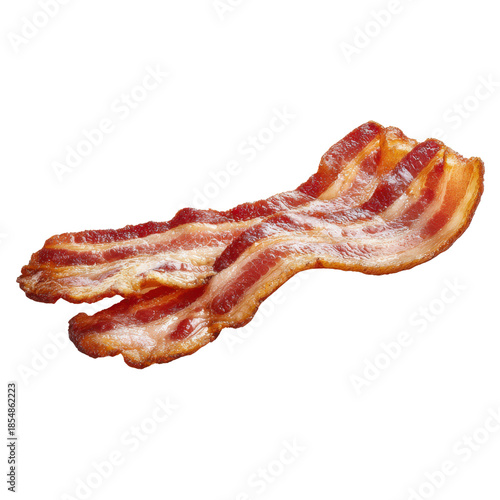 Crispy cooked bacon strips with red and white fat layers on black food meat, Isolated On Black Background, Png Transparent Background, Cut Out