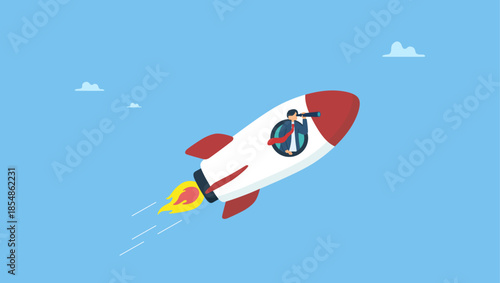 Smart businessman manager open rocket window using telescope looking forward. Entrepreneurship, startup vision or empowerment, leadership to see future vision and start business.