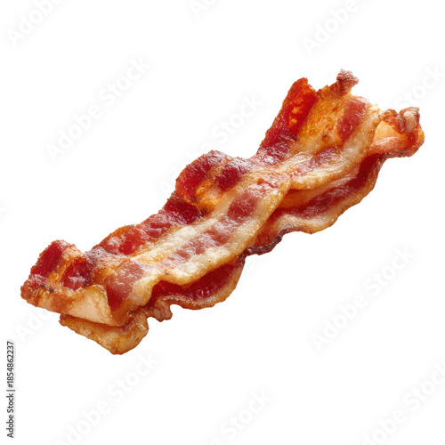 Crispy cooked bacon strips with red and white fat marbling on black food meat, Isolated On Black Background, Png Transparent Background, Cut Out