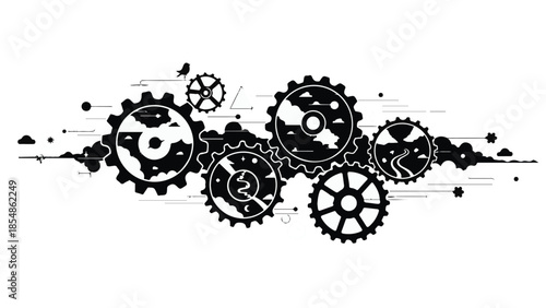 Intricate black and white gears interlock to symbolize complex machinery and interconnected systems.