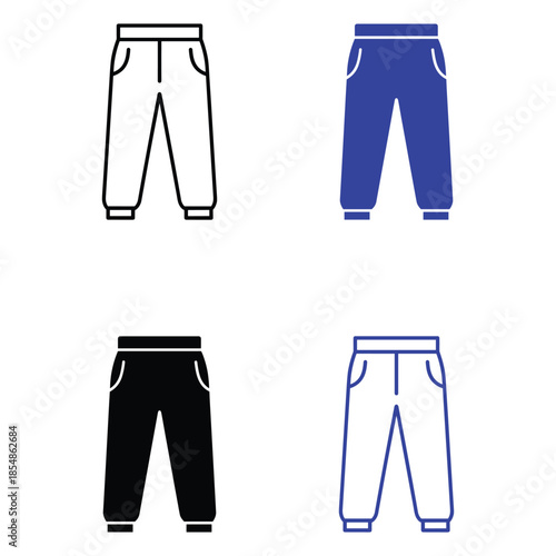 Four pairs of pants in black white and blue colors