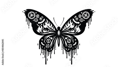 Intricate steampunk butterfly illustration with gears and dripping paint