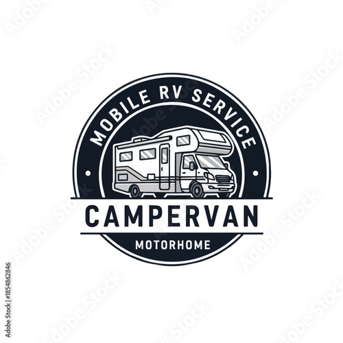 Campervan Mobile RV Service Badge Logo with Motorhome Illustration – Ideal for Repair, Rental, and Travel Services