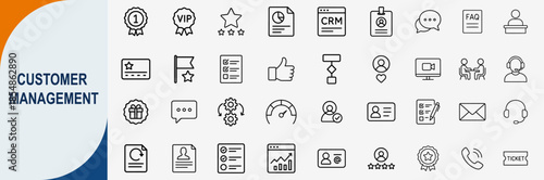 customer management and crm icons collection, thin line outline vector