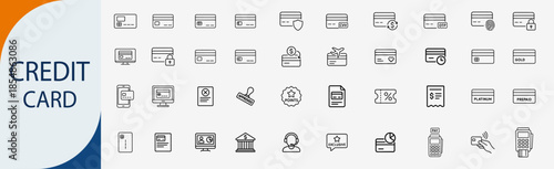 credit card online payment banking icon set, minimal black line vector