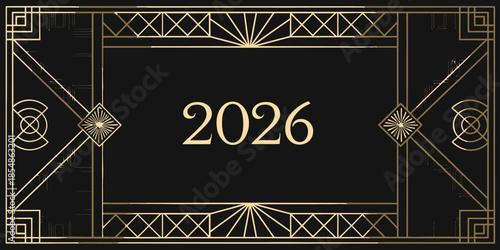 Elegant gold 2026 design on black background with art deco patterns