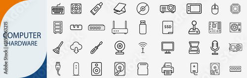 computer hardware technology electronic device icon set, minimal line art vector