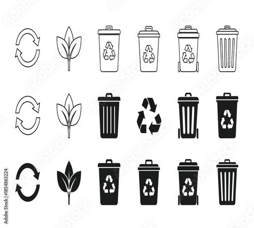 A collection of monochrome recycling symbols leaves and trash can icons illustrating environmental awareness and waste management