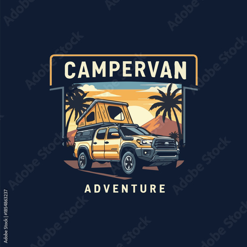 Modern Campervan Adventure Logo with Overland Vehicle and Tropical Landscape – Ideal for Premium Travel and Outdoor Brands