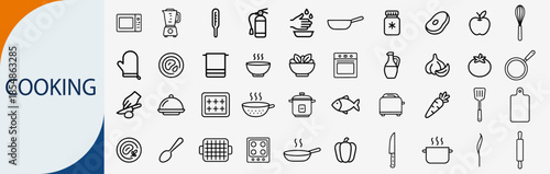 cooking and kitchen equipment icon set, minimal outline vector illustration