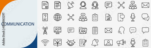 global communication business networking icon set, minimal black line art vector