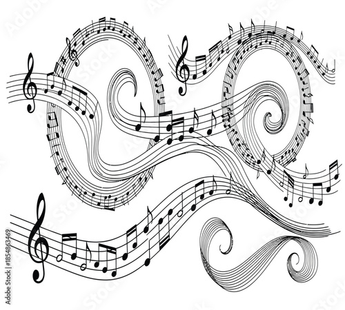 Elegant swirling musical notes form a decorative wave creating a visually harmonious and artistic composition