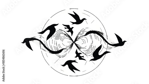 Flock of birds in silhouette flying in a circular, abstract pattern symbolizing freedom and movement.