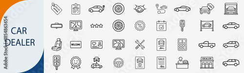 car dealer automotive icon set, minimal outline vector showroom symbols