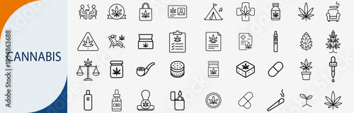 medical cannabis marijuana leaf herbal healthcare icon set, minimal line vector