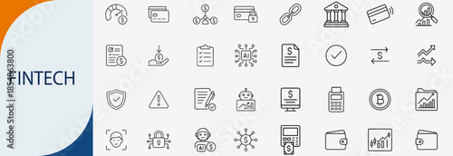 fintech financial technology banking icon set, minimal black line art vector