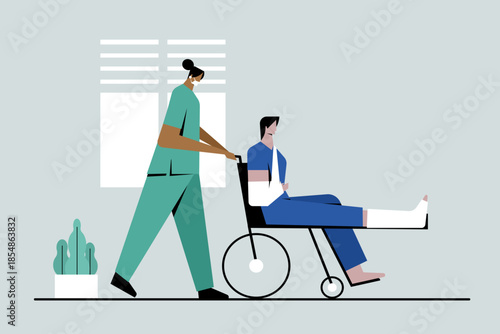 Healthcare professional assisting an injured patient in a wheelchair inside a medical facility