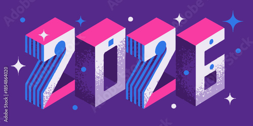 Vibrant 2026 typography with pink, blue, and purple hues and sparkles