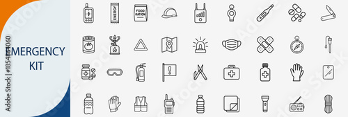 emergency kit and survival icons, minimal monoline vector illustration