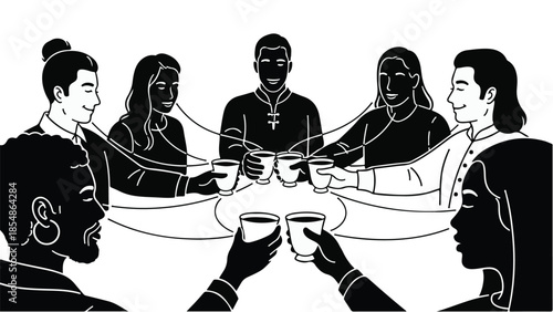 Diverse group of people sharing a moment of connection and unity over drinks.