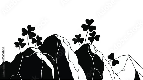 Stylized black and white illustration of shamrocks growing on rocky mountain peaks.