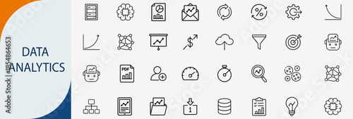 data analytics and visualization icons, minimal monoline vector illustration