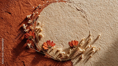 A minimalist wreath made of pressed dried flowers, placed off-center on a warm terracotta-textured plaster wall, showcases the rustic design of a handcrafted piece.