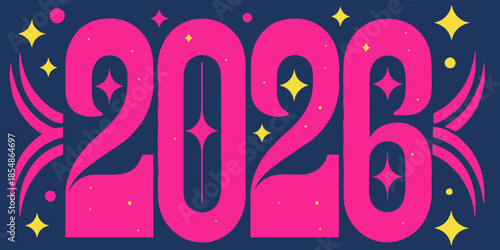 Vibrant 2026 typography with sparkling stars and dynamic design elements
