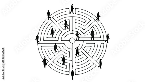 Silhouettes of people navigating a complex circular maze, symbolizing challenge and strategy.