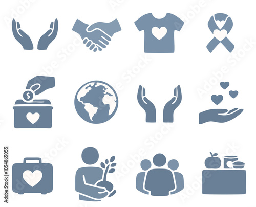 Charity, Donation, and Social Care Icons Set in Flat Blue Style