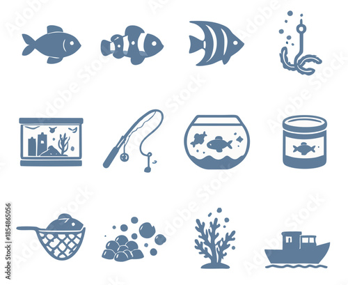 Aquarium and Marine Life Icons Set in Flat Blue Style
