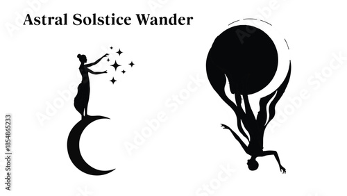 Woman reaching for stars on crescent moon, other figure holding celestial sphere
