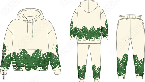 Hoodie, sweatpants, monstera, leaf, fashion, sketch, front, back, silhouette, posture, gesture, setup, vector, black, pose, flavector, minimal, garment, technical, cad drawing flat vector