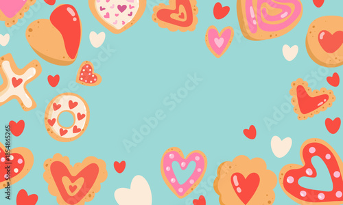 Gingerbread cookies frame. Winter homemade sweets pattern on background. Isolated vector illustration hand drawn flat illustration for winter holidays .