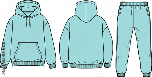 Tracksuit, hoodie, sweatpants, blue, fashion, sketch, front, back, silhouette, posture, gesture, setup, vector, black, pose, flavector, minimal, garment, technical, flat, cad drawing flat vector