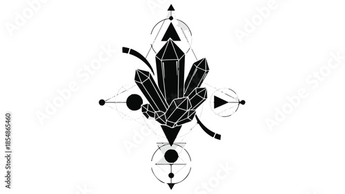Mystical geometric design with dark crystals and sacred symbols