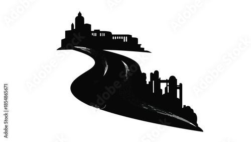 Winding road silhouette connects two city skylines, symbolizing journey and connection