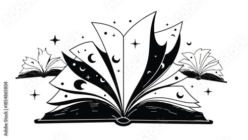Magical open book with celestial-themed pages and glowing stars, symbolizing imagination and wonder.