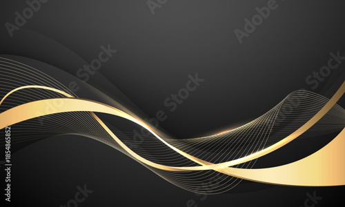 Abstract gold ribbon luxury wave curve overlap on black design modern background vector