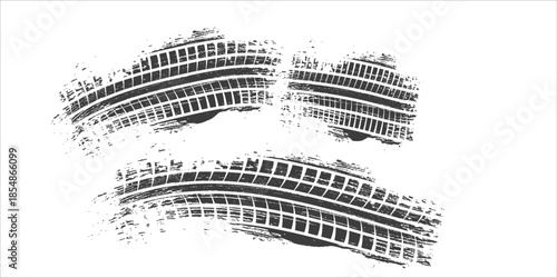 Grunge tire track, wheel braking marks. Truck, car or motorcycle tread pattern silhouette. Auto race, motorsport, speed racing design element. Vector illustration