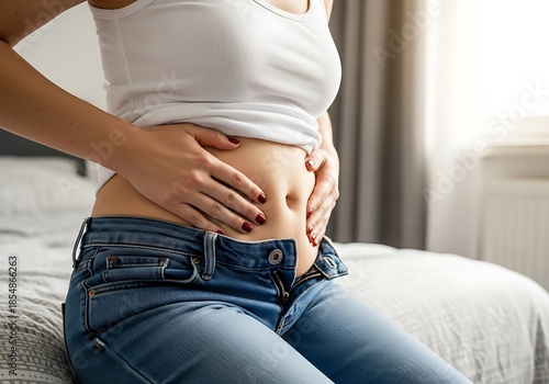 Woman experiencing stomach discomfort and bloating, struggling with tight blue jeans.
